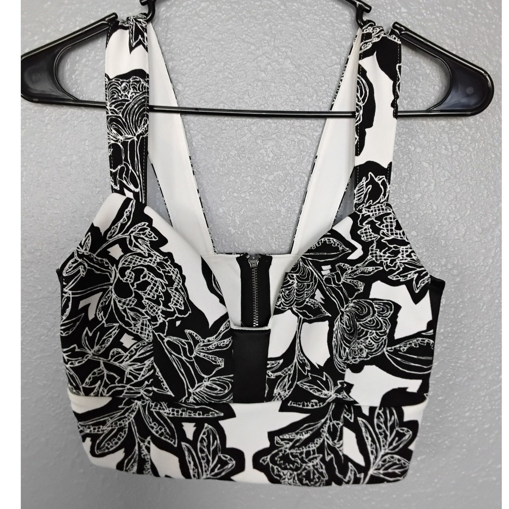 Express Womens Black White Floral Bustier Crop Top V-Neck Zip Back Small